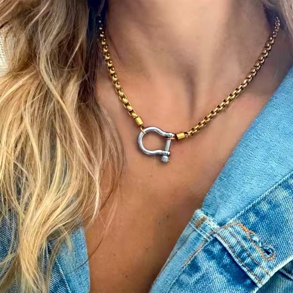 Moon Goddess Emporium Jewelry - 18K Gold & White Gold TwoTone Chunky Horseshoe Carabiner Front Closure Necklace